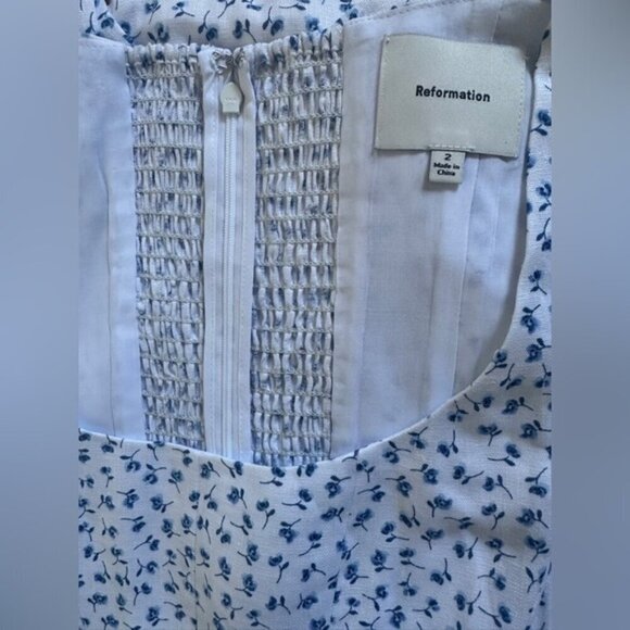 NEW Reformation Coucou Midi Linen Dress Hanna White Blue Floral | US 2 UK 6 - Picture 11 of 16